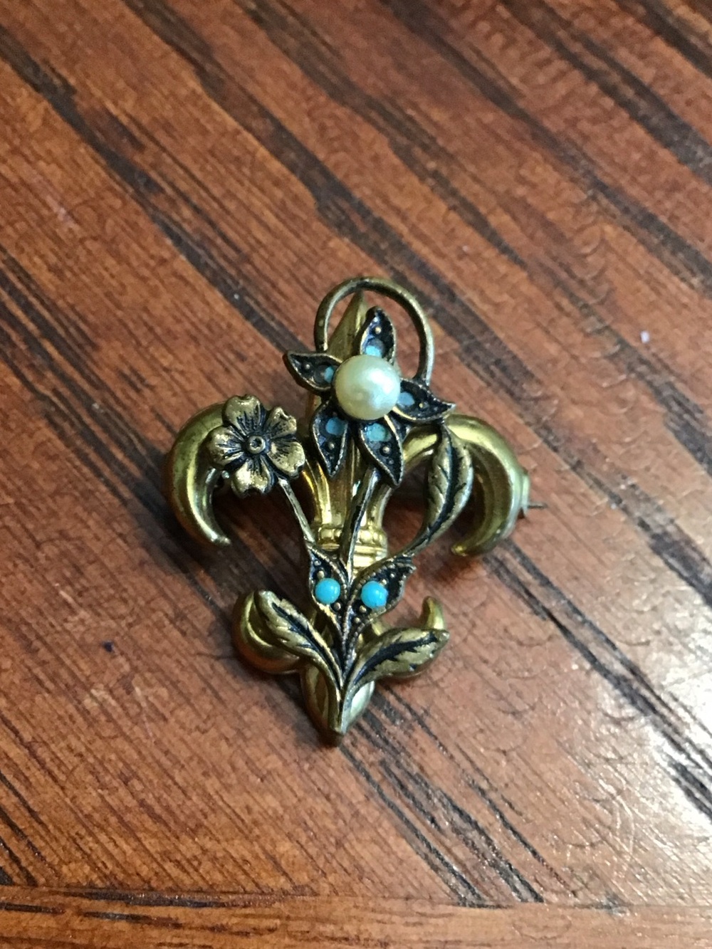 Estate Gold-Tone Floral Brooch Fleur de Lis Pin with Pearl and Turquoise Accents